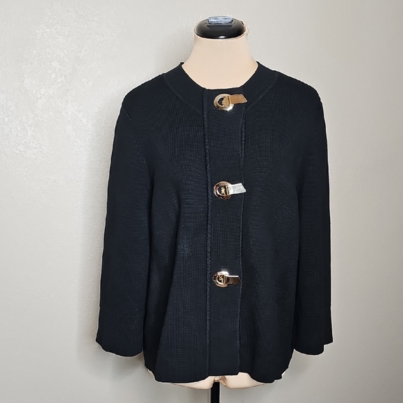 J. McLaughlin Large Black Cardigan with Gold Buckle Closure Accents - Picture 1 of 8